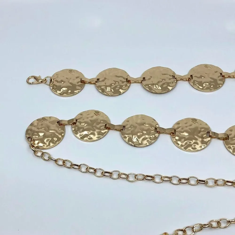 Y2K Boho Gold Hammered Disc Coin Chain Belt, Fits 24.5–42 Inches, X7GA1153